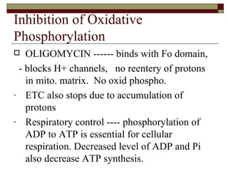 Inhibition of Oxidative Phosphorylation OLIGOMYCIN ------ binds with Fo domain, - blocks H+ channels,  no reentery of protons in mito. matrix.  No oxid phospho. ETC also stops due to accumulation of protons Respiratory control ---- phosphorylation of ADP to ATP is essential for cellular respiration. Decreased level of ADP and Pi also decrease ATP synthesis. 