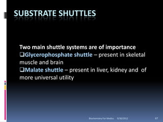 SUBSTRATE SHUTTLES


 Two main shuttle systems are of importance
 Glycerophosphate shuttle – present in skeletal
 muscle and brain
 Malate shuttle – present in liver, kidney and of
 more universal utility




                           Biochemistry For Medics   9/30/2012   67
 
