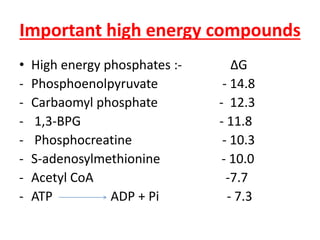 • High energy phosphates :- ∆G
- Phosphoenolpyruvate - 14.8
- Carbaomyl phosphate - 12.3
- 1,3-BPG - 11.8
- Phosphocreatine - 10.3
- S-adenosylmethionine - 10.0
- Acetyl CoA -7.7
- ATP ADP + Pi - 7.3
Important high energy compounds
 