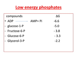 compounds ∆G
• ADP AMP+ Pi -6.6
- glucose-1-P -5.0
- Fructose-6-P - 3.8
- Glucose-6-P - 3.3
- Glycerol-3-P -2.2
Low energy phosphates
 