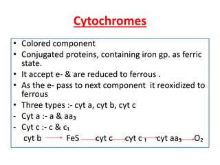 Cytochromes
• Colored component
• Conjugated proteins, containing iron gp. as ferric
state.
• It accept e- & are reduced to ferrous .
• As the e- pass to next component it reoxidized to
ferrous
• Three types :- cyt a, cyt b, cyt c
- Cyt a :- a & aa₃
- Cyt c :- c & c₁
cyt b FeS cyt c cyt c ₁ cyt aa₃ O₂
 