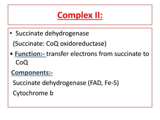 Complex II:
• Succinate dehydrogenase
(Succinate: CoQ oxidoreductase)
• Function:- transfer electrons from succinate to
CoQ
Components:-
Succinate dehydrogenase (FAD, Fe-S)
Cytochrome b
 