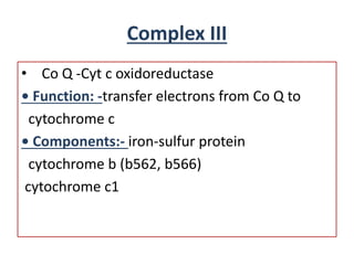 Complex III
• Co Q -Cyt c oxidoreductase
• Function: -transfer electrons from Co Q to
cytochrome c
• Components:- iron-sulfur protein
cytochrome b (b562, b566)
cytochrome c1
 