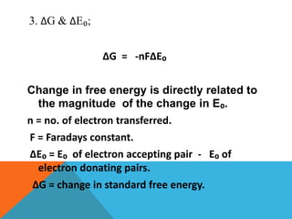 3. ΔG & ΔE₀;
ΔG = -nFΔE₀
Change in free energy is directly related to
the magnitude of the change in E₀.
n = no. of electron transferred.
F = Faradays constant.
ΔE₀ = E₀ of electron accepting pair - E₀ of
electron donating pairs.
ΔG = change in standard free energy.
 