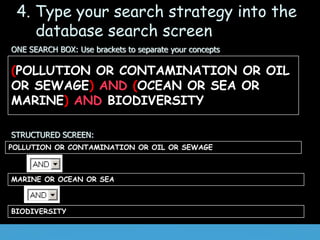 ONE SEARCH BOX: Use brackets to separate your concepts
STRUCTURED SCREEN:
POLLUTION OR CONTAMINATION OR OIL OR SEWAGE
MARINE OR OCEAN OR SEA
BIODIVERSITY
(POLLUTION OR CONTAMINATION OR OIL
OR SEWAGE) AND (OCEAN OR SEA OR
MARINE) AND BIODIVERSITY
4. Type your search strategy into the
database search screen
 