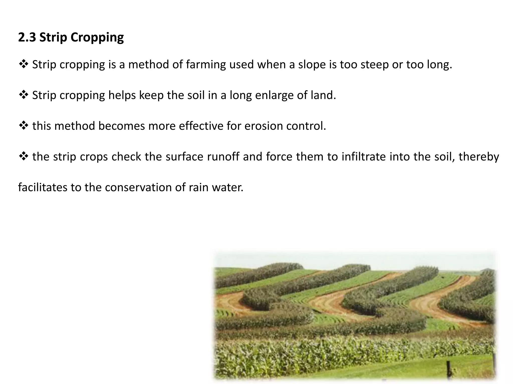 2.3 Strip Cropping
 Strip cropping is a method of farming used when a slope is too steep or too long.
 Strip cropping helps keep the soil in a long enlarge of land.
 this method becomes more effective for erosion control.
 the strip crops check the surface runoff and force them to infiltrate into the soil, thereby
facilitates to the conservation of rain water.
 