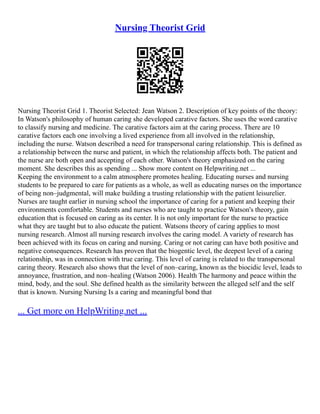 Nursing Theorist Grid
Nursing Theorist Grid 1. Theorist Selected: Jean Watson 2. Description of key points of the theory:
In Watson's philosophy of human caring she developed carative factors. She uses the word carative
to classify nursing and medicine. The carative factors aim at the caring process. There are 10
carative factors each one involving a lived experience from all involved in the relationship,
including the nurse. Watson described a need for transpersonal caring relationship. This is defined as
a relationship between the nurse and patient, in which the relationship affects both. The patient and
the nurse are both open and accepting of each other. Watson's theory emphasized on the caring
moment. She describes this as spending ... Show more content on Helpwriting.net ...
Keeping the environment to a calm atmosphere promotes healing. Educating nurses and nursing
students to be prepared to care for patients as a whole, as well as educating nurses on the importance
of being non–judgmental, will make building a trusting relationship with the patient leisurelier.
Nurses are taught earlier in nursing school the importance of caring for a patient and keeping their
environments comfortable. Students and nurses who are taught to practice Watson's theory, gain
education that is focused on caring as its center. It is not only important for the nurse to practice
what they are taught but to also educate the patient. Watsons theory of caring applies to most
nursing research. Almost all nursing research involves the caring model. A variety of research has
been achieved with its focus on caring and nursing. Caring or not caring can have both positive and
negative consequences. Research has proven that the biogentic level, the deepest level of a caring
relationship, was in connection with true caring. This level of caring is related to the transpersonal
caring theory. Research also shows that the level of non–caring, known as the biocidic level, leads to
annoyance, frustration, and non–healing (Watson 2006). Health The harmony and peace within the
mind, body, and the soul. She defined health as the similarity between the alleged self and the self
that is known. Nursing Nursing Is a caring and meaningful bond that
... Get more on HelpWriting.net ...
 