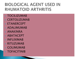 TOCILIZUMAB
 CERTOLIZUMAB
 ETANERCEPT
 ADALIMUMAB
 ANAKINRA
 ABATACEPT
 INFLIXIMAB
 RITUZUMAB
 GOLIMUMAB
 TOFACITINIB
 
