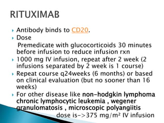  Antibody binds to CD20.
 Dose
Premedicate with glucocorticoids 30 minutes
before infusion to reduce infusion rxn
 1000 mg IV infusion, repeat after 2 week (2
infusions separated by 2 week is 1 course)
 Repeat course q24weeks (6 months) or based
on clinical evaluation (but no sooner than 16
weeks)
 For other disease like non-hodgkin lymphoma
chronic lymphocytic leukemia , wegener
granulomatosis , microscopic polyangiitis
dose is->375 mg/m² IV infusion
 