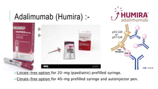 Adalimumab (Humira) :-
Single use 40-mg prefilled syringe.
Single use 40-mg autoinjector pen.
Citrate-free option for 20-mg (paediatric) prefilled syringe.
Citrate-free option for 40-mg prefilled syringe and autoinjector pen.
 