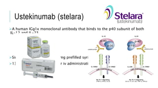 Ustekinumab (stelara)
A human IGg1κ monoclonal antibody that binds to the p40 subunit of both
IL-12 and IL-23.
Single-use 45-mg and 90-mg prefilled syringes.
130-mg single-dose vial for iv administration.
 
