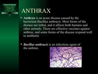 ANTHRAX
 Anthrax is an acute disease caused by the
  bacterium Bacillus anthracis. Most forms of the
  disease are lethal, and it affects both humans and
  other animals. There are effective vaccines against
  anthrax, and some forms of the disease respond well
  to antibiotic

 Bacillus anthracis is an infectious agent of
  the anthrax.
 