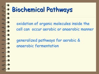 BBiioocchheemmiiccaall PPaatthhwwaayyss 
 oxidation of organic molecules inside the 
cell can occur aerobic or anaerobic manner 
 generalized pathways for aerobic  
anaerobic fermentation 
 