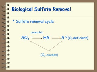 BBiioollooggiiccaall SSuullffaattee RReemmoovvaall 
* Sulfate removal cycle 
anaerobic 
SO4 -- HS - S 0 (O2 deficient) 
(O2 excess) 
 