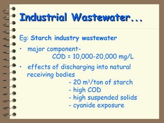 IInndduussttrriiaall WWaasstteewwaatteerr...... 
Eg: Starch industry wastewater 
• major component- 
COD = 10,000-20,000 mg/L 
• effects of discharging into natural 
receiving bodies 
- 20 m3/ton of starch 
- high COD 
- high suspended solids 
- cyanide exposure 
 
