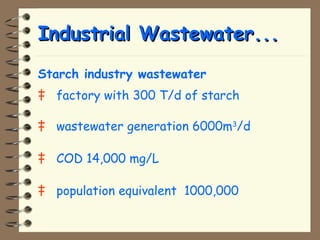 IInndduussttrriiaall WWaasstteewwaatteerr...... 
Starch industry wastewater 
‡ factory with 300 T/d of starch 
‡ wastewater generation 6000m3/d 
‡ COD 14,000 mg/L 
‡ population equivalent 1000,000 
 
