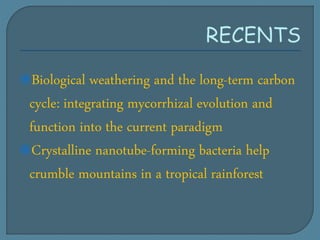 Biological weathering and the long-term carbon
cycle: integrating mycorrhizal evolution and
function into the current paradigm
Crystalline nanotube-forming bacteria help
crumble mountains in a tropical rainforest
 