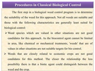 Procedures in Classical Biological Control
The first step in a biological weed control program is to determine
the suitability of the weed for this approach. Not all weeds are suitable and
those with the following characteristics are generally least suited for
biological control:
 Weed species which are valued in other situations are not good
candidates for this approach. As the biocontrol agent cannot be limited
in area, like chemical or mechanical treatments, 'weeds' that are of
values in other situations are not suitable targets for bio control.
 Weeds that are closely related to economic crops are not good
candidates for this method. The closer the relationship the less
possibility there is that a biotic agent could distinguish between the
weed and the crop.
 