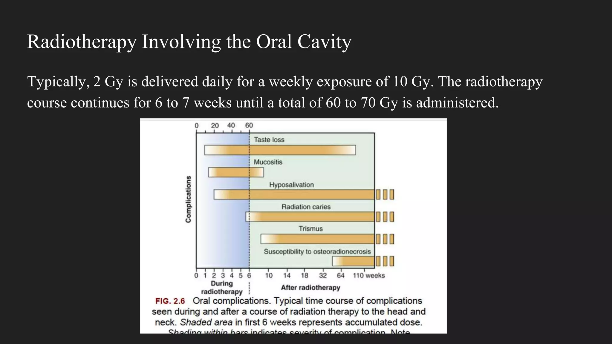 Radiotherapy Involving the Oral Cavity
Typically, 2 Gy is delivered daily for a weekly exposure of 10 Gy. The radiotherapy
course continues for 6 to 7 weeks until a total of 60 to 70 Gy is administered.
 
