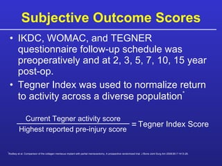 Subjective Outcome Scores IKDC, WOMAC, and TEGNER questionnaire follow-up schedule was preoperatively and at 2, 3, 5, 7, 10, 15 year post-op. Tegner Index was used to normalize return to activity across a diverse population * * Rodkey et al. Comparison of the collagen meniscus implant with partial meniscectomy. A prospective randomized trial. J Bone Joint Surg Am 2008;90-7:1413-26. Current Tegner activity score Highest reported pre-injury score = Tegner Index Score 