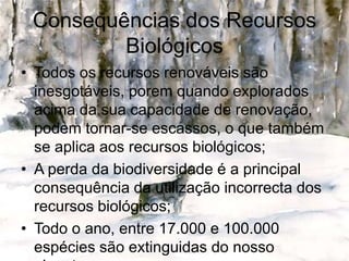 Consequências dos Recursos BiológicosTodos os recursos renováveis são inesgotáveis, porem quando explorados acima da sua capacidade de renovação, podem tornar-se escassos, o que também se aplica aos recursos biológicos;A perda da biodiversidade é a principal consequência da utilização incorrecta dos recursos biológicos;Todo o ano, entre 17.000 e 100.000 espécies são extinguidas do nosso planeta.