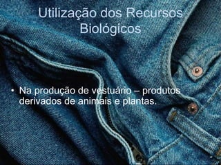 Marinhos – animais marinhos e algas que nos fornecem alimentos e matérias primas.Utilização dos Recursos BiológicosOs recursos biológicos são utilizados pelo o Homem de várias maneirasComo por exemplo: Na alimentação – através da agricultura, da caça, das piscicultura e da pecuária, obtêm-se vários alimentosUtilização dos Recursos BiológicosNa produção de vestuário – produtos derivados de animais e plantas.