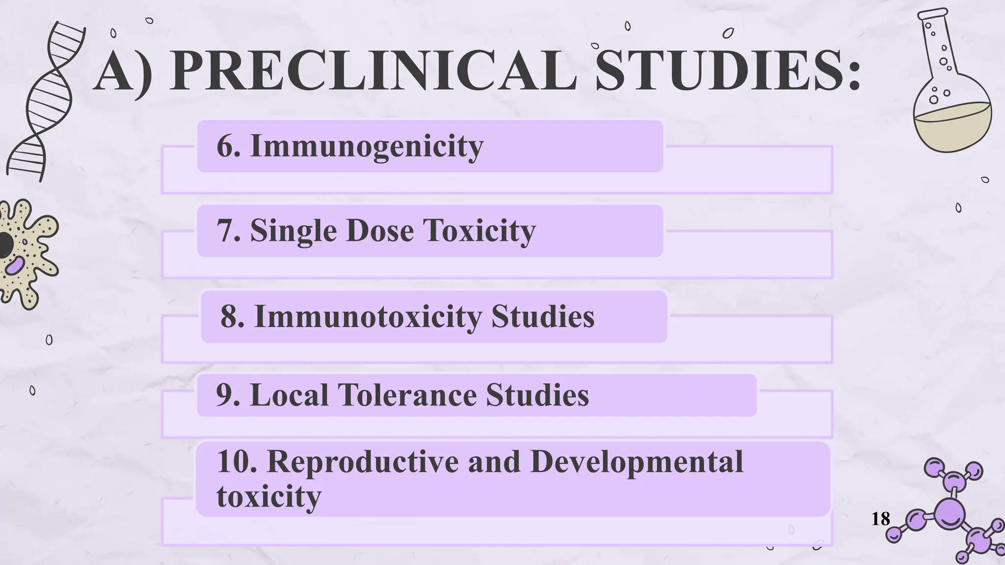 A) PRECLINICAL STUDIES:
6. Immunogenicity
7. Single Dose Toxicity
8. Immunotoxicity Studies
9. Local Tolerance Studies
10. Reproductive and Developmental
toxicity
18
 