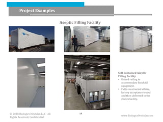 Aseptic Filling Facility
Project Examples
www.BiologicsModular.com
19
Self-Contained Aseptic
Filling Facility
• Raised ceiling to
accommodate finish fill
equipment.
• Fully constructed offsite,
factory acceptance tested
and then delivered to the
clients facility.
© 2018 Biologics Modular, LLC All
Rights Reserved, Confidential
 