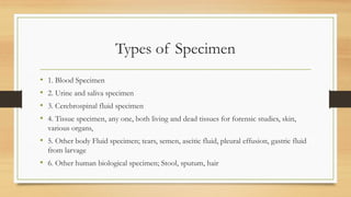 Types of Specimen
• 1. Blood Specimen
• 2. Urine and saliva specimen
• 3. Cerebrospinal fluid specimen
• 4. Tissue specimen, any one, both living and dead tissues for forensic studies, skin,
various organs,
• 5. Other body Fluid specimen; tears, semen, ascitic fluid, pleural effusion, gastric fluid
from larvage
• 6. Other human biological specimen; Stool, sputum, hair
 