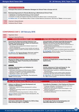 Biologics World Taiwan 2016 25 - 26 February, 2016 | Taipei, Taiwan
4
PROCESS DEVELOPMENT AND PAT PROTEIN ANALYTICS AND CHARACTERIZATION
8:00 Registration Starts
Chairman’s Opening Remarks8:50
MORNING REFRESHMENTS10:30
Chairman’s Closing Remarks17:00
Conference Day #1 Closes17:10
16:30 Risk-based Approaches for Remote Monitoring in Multinational Clinical Trials
Assessment of risk-based approaches for remote monitoring
Identification of critical data and processes to be monitored
Evaluation of quality and integrity of the data provided by the different sites in multinational trials
Dr. Nathan Chen, VP, Chief Medical Officer & Head of Global Medicine Development, OBI Pharma, Taiwan (Confirmed speaker)
16:00
Participant Recruitment and Retention Strategies for Clinical Trials in Europe and U.S.
INDUSTRY PRESENTATION
9:30
Moving from Batch toward Continuous Manufacturing
of Biologics for Higher Productivity and Consistent
Product Quality
INDUSTRY PRESENTATION
Progress and Applications of Intact Protein Mass
Spectrometry
INDUSTRY PRESENTATION
11:30
Cell Culture Optimization Strategies for CHO to Keep
Cells Growing Longer in Log Phase
INDUSTRY PRESENTATION
An Insight into Protein A Chromatography and
Alternative Methods for Purification
INDUSTRY PRESENTATION
10:00
Process Characterization and Validation for
PEGylated-IFNα 2b
Risk-based Failure Mode and Effect Analysis (FMEA)
method for the initiation of process characterization
Application of QbD in P1101 manufacturing process
Specification of AOR, CPP and CQA
Dr. Chaosheng Cheng, Plant Manager, PharmaEssentia,
Taiwan (Confirmed speaker)
Case Study Case Study
Current Advances in Tools and Assays for the
Characterization of Protein Therapeutics
New protein assay methods for antibody screening and
characterization
Tools and methods to exam protein-protein interaction
Assessing high order structure of protein therapeutics
Dr. Judy Chou, VP of Technical Operations, Medivation
Inc., U.S. (Confirmed speaker)
CONFERENCE DAY 2 26 February 2016
CELL LINE SELECTION & CELL CULTURE ENGINEERING DOWNSTREAM PROCESSING
9:00 Characterization of Protein-based Bio-therapeutics
Stability and Activity During Drug Development
Recent advances in stability and activity characterization of
protein-based bio-therapeutics
Emerging technologies to streamline the development of
protein therapeutics
Native and subunit analysis of antibody-based drug candidates
Dr. Youling Wu, CEO & Founder, Teruisi Pharmaceutical Inc.,
Mainland China (Confirmed speaker)
Examining the Alignment between Research and
Process Functions to Achieve Rapid and Systematic
Tech Transfer and Scale-up
Reviewing current misalignments between research and
process development
How to accelerate the process of tech transfer and scale-up
Possible solutions to better coordinate research and process
function
Dr. Jiali Luo, VP & General Manager, Boehringer Ingelheim
Biopharmaceuticals, Mainland China (Confirmed speaker)
11:00 Cost-effective Strategies in Viral Testing and Clearance
Stressing challenges in developing predictive scale-down
purification models for viral clearance
Efficacy and cost analysis of typical technologies in viral
testing and clearance
Process strategies to improve virus clearance in early
downstream processing
Platform for Efficient Process Development and
Transfers of Biosimilars
Scale-down model for process development to achieve
Biosimilarity
Strategy for technology transfer from process development to
pilot production
Commercial manufacturing production in Wuhan, China
Tim Lin, Director of Cell Culture Process Development, JHL,
Taiwan (Confirmed speaker)
W: www.imapac.com/business_conference/biologics-world-taiwan-2016/ E: justin.dejesus@imapac.com C: +65 3109 0129
 