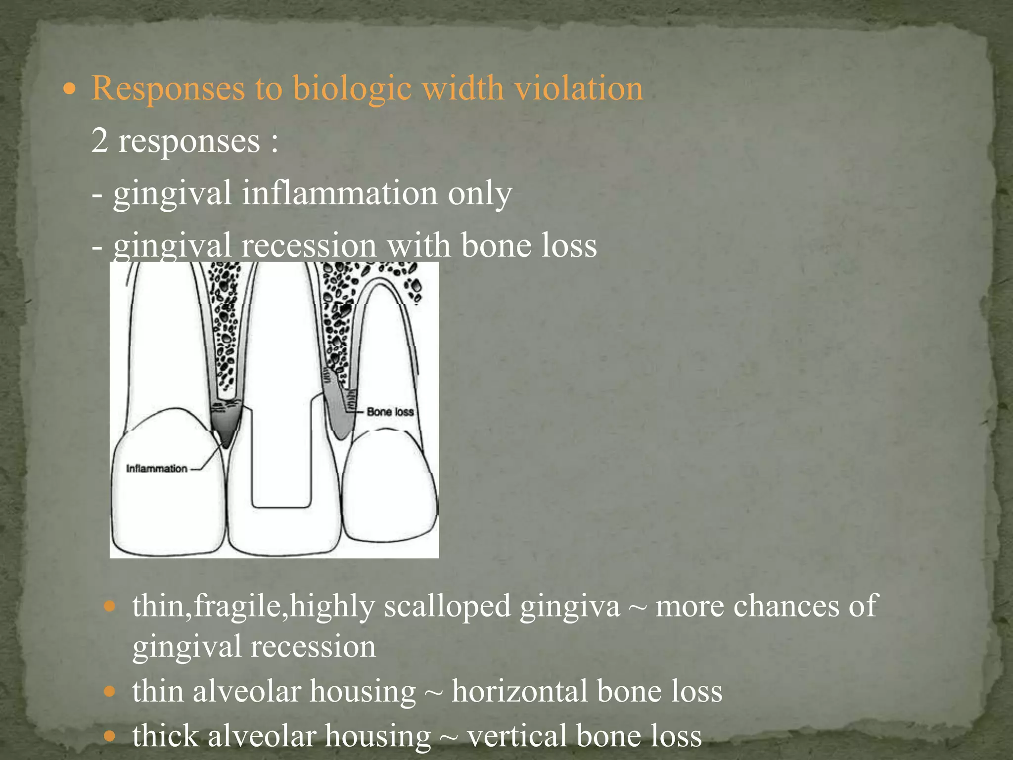  Responses to biologic width violation
2 responses :
- gingival inflammation only
- gingival recession with bone loss
 thin,fragile,highly scalloped gingiva ~ more chances of
gingival recession
 thin alveolar housing ~ horizontal bone loss
 thick alveolar housing ~ vertical bone loss
 