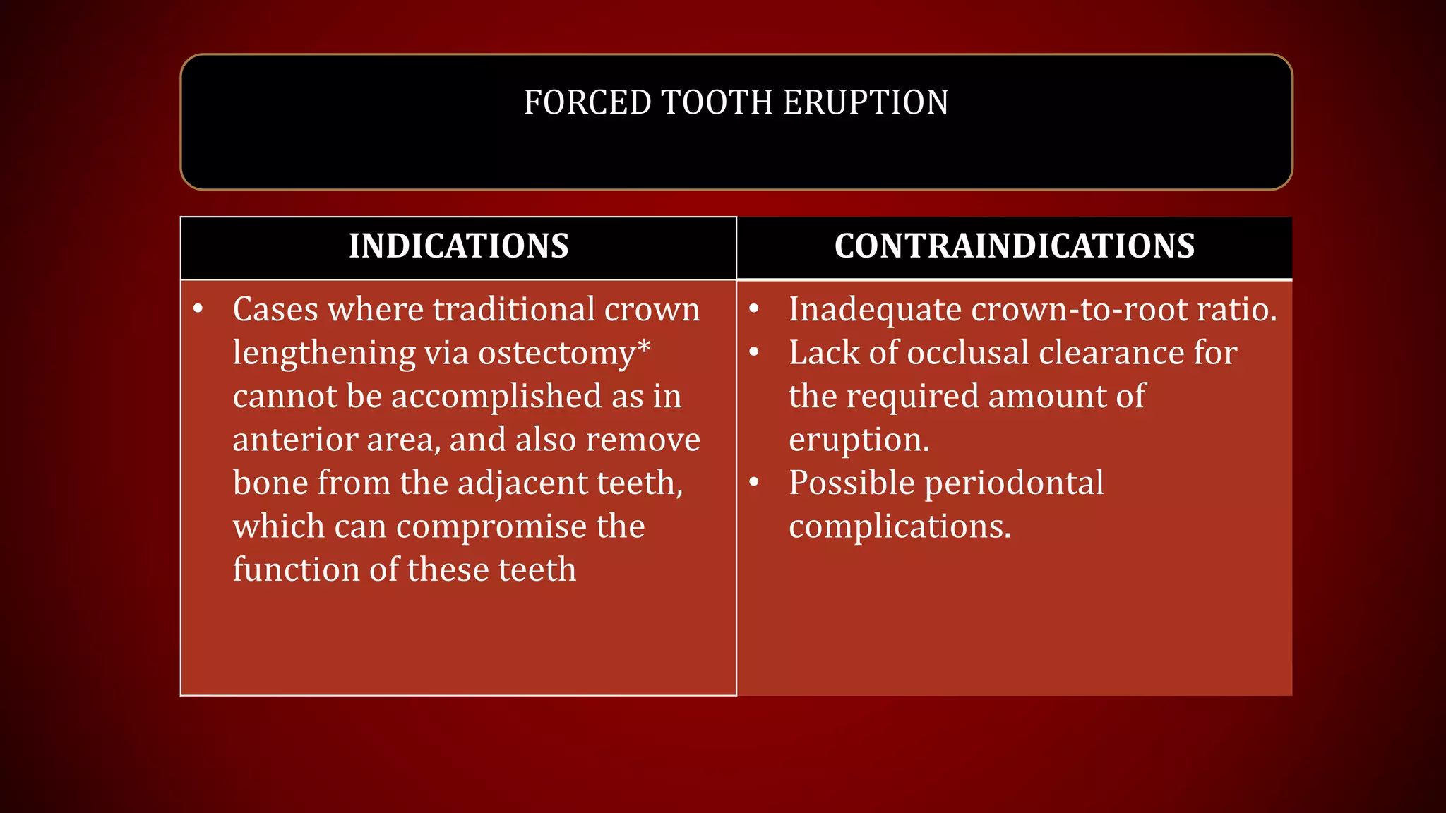 FORCED TOOTH ERUPTION
INDICATIONS CONTRAINDICATIONS
• Cases where traditional crown
lengthening via ostectomy*
cannot be accomplished as in
anterior area, and also remove
bone from the adjacent teeth,
which can compromise the
function of these teeth
• Inadequate crown-to-root ratio.
• Lack of occlusal clearance for
the required amount of
eruption.
• Possible periodontal
complications.
 