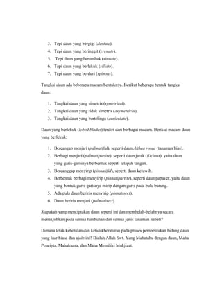 3. Tepi daun yang bergigi (dentate).
4. Tepi daun yang beringgit (crenate).
5.

Tepi daun yang berombak (sinuate).

6. Tepi daun yang berlekuk (ciliate).
7. Tepi daun yang berduri (spinous).
Tangkai daun ada beberapa macam bentuknya. Berikut beberapa bentuk tangkai
daun:
1. Tangkai daun yang simetris (symetrical).
2. Tangkai daun yang tidak simetris (asymetrical).
3. Tangkai daun yang bertelinga (auriculate).
Daun yang berlekuk (lobed blades) terdiri dari berbagai macam. Berikut macam daun
yang berlekuk:
1. Bercangap menjari (palmatifid), seperti daun Althea rosea (tanaman hias).
2. Berbagi menjari (palmatipartite), seperti daun jarak (Ricinus), yaitu daun
yang garis-garisnya berbentuk seperti telapak tangan.
3. Bercanggap menyirip (pinnatifid), seperti daun keluwih.
4. Berbentuk berbagi menyirip (pinnatipartite), seperti daun papaver, yaitu daun
yang bentuk garis-garisnya mirip dengan garis pada bulu burung.
5. Ada pula daun beriris menyirip (pinnatisect).
6. Daun beriris menjari (palmatisect).
Siapakah yang menciptakan daun seperti ini dan membelah-belahnya secara
menakjubkan pada semua tumbuhan dan semua jenis tanaman nabati?
Dimana letak kebetulan dan ketidakberaturan pada proses pembentukan bidang daun
yang luar biasa dan ajaib ini? Dialah Allah Swt. Yang Mahatahu dengan daun, Maha
Pencipta, Mahakuasa, dan Maha Memiliki Mukjizat.

 