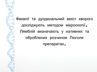 Фекалії та дуоденальний вміст хворого
.досліджують методом мікроскопії
Лямблій визначають у нативних та
оброблених розчином Люголя
.препаратах
 