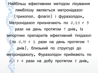 Найбільш ефективним методом лікування
лямбліозу являється метронідазол
( , ) .трихопол флагіл і фуразолідон
0,25 3Метронідазол призначають по г
7 .рази на день протягом днів Із
імпортних препаратів ефективний тінідазол
( 0,15 2 7по г рази на день протягом
),днів близький по структурі до
.метронідазолу Фуразолідон приймають по
0,1 4 5 .г рази на добу протягом днів
 