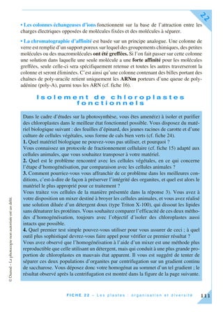 ©Dunod–Laphotocopienonautoriséeestundélit.
F I C H E 2 2 – L e s p l a s t e s : o r g a n i s a t i o n e t d i v e r s i t é
22
111
• Les colonnes échangeuses d’ions fonctionnent sur la base de l’attraction entre les
charges électriques opposées de molécules fixées et des molécules à séparer.
• La chromatographie d’affinité est basée sur un principe analogue. Une colonne de
verre est remplie d’un support poreux sur lequel des groupements chimiques, des petites
molécules ou des macromolécules ont été greffées. Si l’on fait passer sur cette colonne
une solution dans laquelle une seule molécule a une forte affinité pour les molécules
greffées, seule celle-ci sera spécifiquement retenue et toutes les autres traverseront la
colonne et seront éliminées. C’est ainsi qu’une colonne contenant des billes portant des
chaînes de poly-uracile retient uniquement les ARNm porteurs d’une queue de poly-
adénine (poly-A), parmi tous les ARN (cf. fiche 16).
I s o l e m e n t d e c h l o r o p l a s t e s
f o n c t i o n n e l s
Dans le cadre d’études sur la photosynthèse, vous êtes amené(e) à isoler et purifier
des chloroplastes dans le meilleur état fonctionnel possible. Vous disposez du maté-
riel biologique suivant : des feuilles d’épinard, des jeunes racines de carotte et d’une
culture de cellules végétales, sous forme de cals bien verts (cf. fiche 24).
1. Quel matériel biologique ne pouvez-vous pas utiliser, et pourquoi ?
Vous connaissez un protocole de fractionnement cellulaire (cf. fiche 15) adapté aux
cellules animales, que vous souhaitez transposer à votre matériel.
2. Quel est le problème rencontré avec les cellules végétales, en ce qui concerne
l’étape d’homogénéisation, par comparaison avec les cellules animales ?
3. Comment pourriez-vous vous affranchir de ce problème dans les meilleures con-
ditions, c’est-à-dire de façon à préserver l’intégrité des organites, et quel est alors le
matériel le plus approprié pour ce traitement ?
Vous traitez vos cellules de la manière présentée dans la réponse 3). Vous avez à
votre disposition un mixer destiné à broyer les cellules animales, et vous avez réalisé
une solution diluée d’un détergent doux (type Triton X-100), qui dissout les lipides
sans dénaturer les protéines. Vous souhaitez comparer l’efficacité de ces deux métho-
des d’homogénéisation, toujours avec l’objectif d’isoler des chloroplastes aussi
intacts que possible.
4. Quel premier test simple pouvez-vous utiliser pour vous assurer de ceci ; à quel
outil plus sophistiqué devrez-vous faire appel pour vérifier ce premier résultat ?
Vous avez observé que l’homogénéisation à l’aide d’un mixer est une méthode plus
reproductible que celle utilisant un détergent, mais qui conduit à une plus grande pro-
portion de chloroplastes en mauvais état apparent. Il vous est suggéré de tenter de
séparer ces deux populations d’organites par centrifugation sur un gradient continu
de saccharose. Vous déposez donc votre homogénat au sommet d’un tel gradient ; le
résultat observé après la centrifugation est montré dans la figure de la page suivante.
 