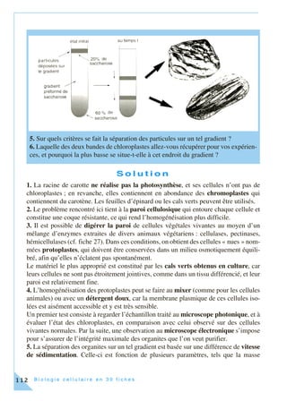 B i o l o g i e c e l l u l a i r e e n 3 0 f i c h e s112
S o l u t i o n
1. La racine de carotte ne réalise pas la photosynthèse, et ses cellules n’ont pas de
chloroplastes ; en revanche, elles contiennent en abondance des chromoplastes qui
contiennent du carotène. Les feuilles d’épinard ou les cals verts peuvent être utilisés.
2. Le problème rencontré ici tient à la paroi cellulosique qui entoure chaque cellule et
constitue une coque résistante, ce qui rend l’homogénéisation plus difficile.
3. Il est possible de digérer la paroi de cellules végétales vivantes au moyen d’un
mélange d’enzymes extraites de divers animaux végétariens : cellulases, pectinases,
hémicellulases (cf. fiche 27). Dans ces conditions, on obtient des cellules « nues » nom-
mées protoplastes, qui doivent être conservées dans un milieu osmotiquement équili-
bré, afin qu’elles n’éclatent pas spontanément.
Le matériel le plus approprié est constitué par les cals verts obtenus en culture, car
leurs cellules ne sont pas étroitement jointives, comme dans un tissu différencié, et leur
paroi est relativement fine.
4. L’homogénéisation des protoplastes peut se faire au mixer (comme pour les cellules
animales) ou avec un détergent doux, car la membrane plasmique de ces cellules iso-
lées est aisément accessible et y est très sensible.
Un premier test consiste à regarder l’échantillon traité au microscope photonique, et à
évaluer l’état des chloroplastes, en comparaison avec celui observé sur des cellules
vivantes normales. Par la suite, une observation au microscope électronique s’impose
pour s’assurer de l’intégrité maximale des organites que l’on veut purifier.
5. La séparation des organites sur un tel gradient est basée sur une différence de vitesse
de sédimentation. Celle-ci est fonction de plusieurs paramètres, tels que la masse
5. Sur quels critères se fait la séparation des particules sur un tel gradient ?
6. Laquelle des deux bandes de chloroplastes allez-vous récupérer pour vos expérien-
ces, et pourquoi la plus basse se situe-t-elle à cet endroit du gradient ?
 