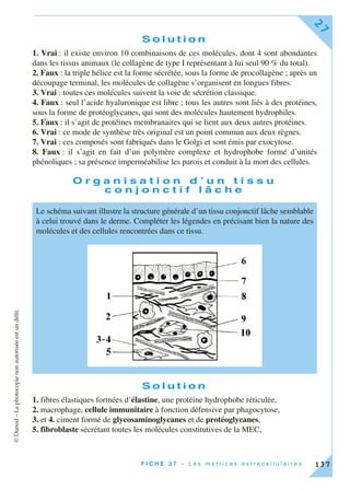 ©Dunod–Laphotocopienonautoriséeestundélit.
F I C H E 2 7 – L e s m a t r i c e s e x t r a c e l l u l a i r e s
27
137
S o l u t i o n
1. Vrai : il existe environ 10 combinaisons de ces molécules, dont 4 sont abondantes
dans les tissus animaux (le collagène de type I représentant à lui seul 90 % du total).
2. Faux : la triple hélice est la forme sécrétée, sous la forme de procollagène ; après un
découpage terminal, les molécules de collagène s’organisent en longues fibres.
3. Vrai : toutes ces molécules suivent la voie de sécrétion classique.
4. Faux : seul l’acide hyaluronique est libre ; tous les autres sont liés à des protéines,
sous la forme de protéoglycanes, qui sont des molécules hautement hydrophiles.
5. Faux : il s’agit de protéines membranaires qui se lient aux deux autres protéines.
6. Vrai : ce mode de synthèse très original est un point commun aux deux règnes.
7. Vrai : ces composés sont fabriqués dans le Golgi et sont émis par exocytose.
8. Faux : il s’agit en fait d’un polymère complexe et hydrophobe formé d’unités
phénoliques ; sa présence imperméabilise les parois et conduit à la mort des cellules.
O r g a n i s a t i o n d ’ u n t i s s u
c o n j o n c t i f l â c h e
S o l u t i o n
1. fibres élastiques formées d’élastine, une protéine hydrophobe réticulée,
2. macrophage, cellule immunitaire à fonction défensive par phagocytose,
3. et 4. ciment formé de glycosaminoglycanes et de protéoglycanes,
5. fibroblaste sécrétant toutes les molécules constitutives de la MEC,
Le schéma suivant illustre la structure générale d’un tissu conjonctif lâche semblable
à celui trouvé dans le derme. Compléter les légendes en précisant bien la nature des
molécules et des cellules rencontrées dans ce tissu.
 