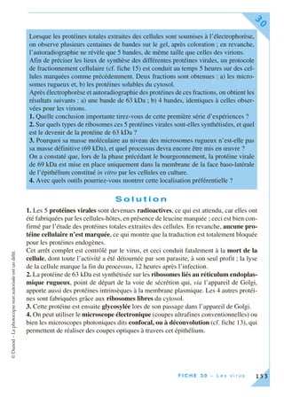 ©Dunod–Laphotocopienonautoriséeestundélit.
F I C H E 3 0 – L e s v i r u s
30
153
S o l u t i o n
1. Les 5 protéines virales sont devenues radioactives, ce qui est attendu, car elles ont
été fabriquées par les cellules-hôtes, en présence de leucine marquée ; ceci est bien con-
firmé par l’étude des protéines totales extraites des cellules. En revanche, aucune pro-
téine cellulaire n’est marquée, ce qui montre que la traduction est totalement bloquée
pour les protéines endogènes.
Cet arrêt complet est contrôlé par le virus, et ceci conduit fatalement à la mort de la
cellule, dont toute l’activité a été détournée par son parasite, à son seul profit ; la lyse
de la cellule marque la fin du processus, 12 heures après l’infection.
2. La protéine de 63 kDa est synthétisée sur les ribosomes liés au réticulum endoplas-
mique rugueux, point de départ de la voie de sécrétion qui, via l’appareil de Golgi,
apporte aussi des protéines intrinsèques à la membrane plasmique. Les 4 autres protéi-
nes sont fabriquées grâce aux ribosomes libres du cytosol.
3. Cette protéine est ensuite glycosylée lors de son passage dans l’appareil de Golgi.
4. On peut utiliser le microscope électronique (coupes ultrafines conventionnelles) ou
bien les microscopes photoniques dits confocal, ou à déconvolution (cf. fiche 13), qui
permettent de réaliser des coupes optiques à travers cet épithélium.
Lorsque les protéines totales extraites des cellules sont soumises à l’électrophorèse,
on observe plusieurs centaines de bandes sur le gel, après coloration ; en revanche,
l’autoradiographie ne révèle que 5 bandes, de même taille que celles des virions.
Afin de préciser les lieux de synthèse des différentes protéines virales, un protocole
de fractionnement cellulaire (cf. fiche 15) est conduit au temps 5 heures sur des cel-
lules marquées comme précédemment. Deux fractions sont obtenues : a) les micro-
somes rugueux et, b) les protéines solubles du cytosol.
Après électrophorèse et autoradiographie des protéines de ces fractions, on obtient les
résultats suivants : a) une bande de 63 kDa ; b) 4 bandes, identiques à celles obser-
vées pour les virions.
1. Quelle conclusion importante tirez-vous de cette première série d’expériences ?
2. Sur quels types de ribosomes ces 5 protéines virales sont-elles synthétisées, et quel
est le devenir de la protéine de 63 kDa ?
3. Pourquoi sa masse moléculaire au niveau des microsomes rugueux n’est-elle pas
sa masse définitive (69 kDa), et quel processus devra encore être mis en œuvre ?
On a constaté que, lors de la phase précédant le bourgeonnement, la protéine virale
de 69 kDa est mise en place uniquement dans la membrane de la face baso-latérale
de l’épithélium constitué in vitro par les cellules en culture.
4. Avec quels outils pourriez-vous montrer cette localisation préférentielle ?
 