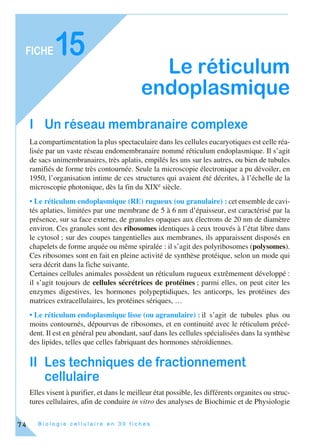B i o l o g i e c e l l u l a i r e e n 3 0 f i c h e s
FICHE
74
15
Le réticulum
endoplasmique
I Un réseau membranaire complexe
La compartimentation la plus spectaculaire dans les cellules eucaryotiques est celle réa-
lisée par un vaste réseau endomembranaire nommé réticulum endoplasmique. Il s’agit
de sacs unimembranaires, très aplatis, empilés les uns sur les autres, ou bien de tubules
ramifiés de forme très contournée. Seule la microscopie électronique a pu dévoiler, en
1950, l’organisation intime de ces structures qui avaient été décrites, à l’échelle de la
microscopie photonique, dès la fin du XIXe siècle.
• Le réticulum endoplasmique (RE) rugueux (ou granulaire) : cet ensemble de cavi-
tés aplaties, limitées par une membrane de 5 à 6 nm d’épaisseur, est caractérisé par la
présence, sur sa face externe, de granules opaques aux électrons de 20 nm de diamètre
environ. Ces granules sont des ribosomes identiques à ceux trouvés à l’état libre dans
le cytosol ; sur des coupes tangentielles aux membranes, ils apparaissent disposés en
chapelets de forme arquée ou même spiralée : il s’agit des polyribosomes (polysomes).
Ces ribosomes sont en fait en pleine activité de synthèse protéique, selon un mode qui
sera décrit dans la fiche suivante.
Certaines cellules animales possèdent un réticulum rugueux extrêmement développé :
il s’agit toujours de cellules sécrétrices de protéines ; parmi elles, on peut citer les
enzymes digestives, les hormones polypeptidiques, les anticorps, les protéines des
matrices extracellulaires, les protéines sériques, …
• Le réticulum endoplasmique lisse (ou agranulaire) : il s’agit de tubules plus ou
moins contournés, dépourvus de ribosomes, et en continuité avec le réticulum précé-
dent. Il est en général peu abondant, sauf dans les cellules spécialisées dans la synthèse
des lipides, telles que celles fabriquant des hormones stéroïdiennes.
II Les techniques de fractionnement
cellulaire
Elles visent à purifier, et dans le meilleur état possible, les différents organites ou struc-
tures cellulaires, afin de conduire in vitro des analyses de Biochimie et de Physiologie
 