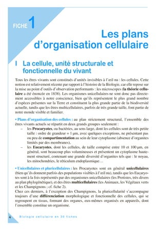 B i o l o g i e c e l l u l a i r e e n 3 0 f i c h e s
FICHE
4
1
Les plans
d’organisation cellulaire
I La cellule, unité structurale et
fonctionnelle du vivant
Tous les êtres vivants sont constitués d’unités invisibles à l’œil nu : les cellules. Cette
notion est relativement récente par rapport à l’histoire de la Biologie, car elle repose sur
la mise au point d’outils d’observation performants : les microscopes (la théorie cellu-
laire a été énoncée en 1838). Les organismes unicellulaires ne sont donc pas directe-
ment accessibles à notre conscience, bien qu’ils représentent le plus grand nombre
d’espèces présentes sur la Terre et constituent la plus grande partie de la biodiversité
actuelle, tandis que les êtres multicellulaires, parfois de très grande taille, font partie de
notre monde visible et familier.
• Plans d’organisation des cellules : au plan strictement structural, l’ensemble des
êtres vivants actuels se répartit en deux grands groupes seulement :
– les Procaryotes, ou bactéries, au sens large, dont les cellules sont de très petite
taille : ordre de grandeur = 1 µm, avec quelques exceptions, ne présentant pas
ou peu de compartimentation au sein de leur cytoplasme (absence d’organites
limités par des membranes),
– les Eucaryotes, dont les cellules, de taille comprise entre 10 et 100 µm, en
général, sont beaucoup plus volumineuses et présentent un cytoplasme haute-
ment structuré, contenant une grande diversité d’organites tels que : le noyau,
les mitochondries, le réticulum endoplasmique…
• Unicellulaires et pluricellulaires : les Procaryotes sont en général unicellulaires
(bien qu’ils donnent parfois des populations visibles à l’œil nu), tandis que les Eucaryo-
tes sont à la fois représentés par des organismes unicellulaires (les Protistes, très divers
au plan phylogénétique), et des êtres multicellulaires (les Animaux, les Végétaux verts
et les Champignons ; cf. fiche 2).
Chez ces derniers, à l’exception des Champignons, la pluricellularité s’accompagne
toujours d’une différenciation morphologique et fonctionnelle des cellules, qui se
regroupent en tissus, formant des organes, eux-mêmes organisés en appareils, dont
l’ensemble constitue un organisme.
 