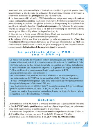 ©Dunod–Laphotocopienonautoriséeestundélit.
F I C H E 1 6 – L ’ a d r e s s a g e d e s p r o t é i n e s v e r s l e R E R
16
83
membrane, leur contenu sera libéré et deviendra accessible à la protéase ajoutée simul-
tanément dans le tube à essais. Ce test permet de savoir si une protéine est libre dans la
solution ou bien si elle est protégée dans une vésicule close.
4. La forme courte (GH sécrétée : 22 kDa) est obtenue uniquement lorsque des micro-
somes sont ajoutés au milieu réactionnel (exp 2 et 4). Cette forme est protégée d’une
protéolyse (exp 4), mais ne l’est plus en présence de détergent (exp 5), ce qui confirme
qu’elle est enfermée dans les vésicules microsomales. En l’absence de microsomes
(exp 1), ou lorsque ceux-ci sont mis à la fin de l’incubation (exp 6), on obtient la forme
lourde qui est libre et dégradable par la protéase (exp 3).
5. Dans ce cas, la forme lourde obtenue (forme libre) sera sans doute dégradée par la
protéase, et c’est bien ce que confirment les expériences.
6. Le schéma général que l’on peut déduire est celui du processus dit d’insertion
cotraductionelle : les protéines fabriquées au niveau des ribosomes liés au RER sont
simultanément injectées dans sa cavité, ce qui s’accompagne de leur raccourcissement,
correspondant à l’élimination de la séquence-signal N terminale.
L a p a r t i c u l e d i t e « P R S »
( o u « S R P » )
S o l u t i o n
Les traitements avec l’ARNase et la protéase montrent que la particule PRS contient à
la fois de l’ARN et des protéines (une particule ribonucléoprotéique), ce qui est con-
firmé par l’électrophorèse et par les spectres d’absorption.
La masse totale des protéines, si on admet un seul exemplaire de chacune d’elles, est
de 236 kDa ; il ne peut pas y en avoir 2, car la MM dépasserait 336 kDa.
Le reste (100 kDa) est donc constitué d’un ARN formé de 303 nucléotides.
On peut isoler, à partir du cytosol des cellules pancréatiques, une particule de coeffi-
cient de sédimentation de 11 S, et dont la masse moléculaire est de 336 kDa (cf. fiche
15). Cette particule purifiée permet, lorsqu’elle est ajoutée à un système de traduction
in vitro contenant des microsomes rugueux, d’augmenter de façon considérable
l’efficacité d’insertion cotraductionnelle des protéines dans le RER.
Les expériences suivantes sont conduites :
– un traitement de cette particule avec de l’ADNase n’a aucune conséquence ;
– un traitement avec de l’ARNase ou une protéase abolit l’effet sur l’insertion ;
– l’étude spectrophotométrique (cf. fiche 21) d’une solution de cette particule montre
deux pics d’absorption, à 260 nm et à 280 nm ;
– une électrophorèse en gel SDS (cf. fiche 9) montre la présence de 6 polypeptides en
quantités équimoléculaires, de taille : 9, 14, 19, 54, 68 et 72 kDa.
Proposez un modèle d’organisation moléculaire de cette particule. On donne : Masse
Moléculaire (MM) d’un nucléotide = 330 Da.
 