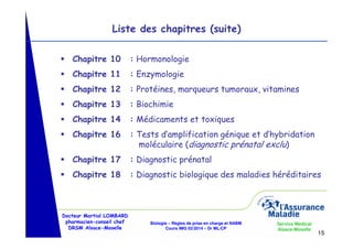 Liste des chapitres (suite)
Chapitre 10

: Hormonologie

Chapitre 11

: Enzymologie

Chapitre 12

: Protéines, marqueurs tumoraux, vitamines

Chapitre 13

: Biochimie

Chapitre 14

: Médicaments et toxiques

Chapitre 16

: Tests d’amplification génique et d’hybridation
moléculaire (diagnostic prénatal exclu)

Chapitre 17

: Diagnostic prénatal

Chapitre 18

: Diagnostic biologique des maladies héréditaires

Docteur Martial LOMBARD
pharmacien-conseil chef
DRSM Alsace-Moselle

Biologie – Règles de prise en charge et NABM
Cours IMG 02/2014 – Dr ML/CP

Service Médical
Alsace-Moselle

15

 