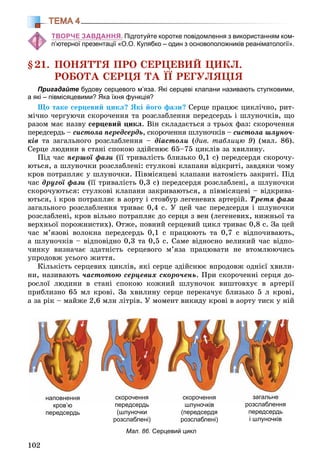 102
ТЕМА 4
ТВОРЧЕ ЗАВДАННЯ. Підготуйте коротке повідомлення з використанням ком-
п’ютерної презентації «О.О. Кулябко – один з основоположників реаніматології».
§21. ÏÎÍßÒÒß ÏÐÎ ÑÅÐÖÅÂÈÉ ÖÈÊË.
ÐÎÁÎÒÀ ÑÅÐÖß ÒÀ ЇЇ ÐÅÃÓËßÖІß
Пригадайте будову серцевого м’яза. Які серцеві клапани називають стулковими,
а які – півмісяцевими? Яка їхня функція?
Ùî òàêå ñåðöåâèé öèêë? ßêі éîãî ôàçè? Ñåðöå ïðàöþє öèêëі÷íî, ðèò-
ìі÷íî ÷åðãóþ÷è ñêîðî÷åííÿ òà ðîçñëàáëåííÿ ïåðåäñåðäü і øëóíî÷êіâ, ùî
ðàçîì ìàє íàçâó ñåðöåâèé öèêë. Âіí ñêëàäàєòüñÿ ç òðüîõ ôàç: ñêîðî÷åííÿ
ïåðåäñåðäü – ñèñòîëà ïåðåäñåðäü, ñêîðî÷åííÿ øëóíî÷êіâ – ñèñòîëà øëóíî÷-
êіâ òà çàãàëüíîãî ðîçñëàáëåííÿ – äіàñòîëè (äèâ. òàáëèöþ 9) (ìàë. 86).
Ñåðöå ëþäèíè â ñòàíі ñïîêîþ çäіéñíþє 65–75 öèêëіâ çà õâèëèíó.
Ïіä ÷àñ ïåðøîї ôàçè (її òðèâàëіñòü áëèçüêî 0,1 ñ) ïåðåäñåðäÿ ñêîðî÷ó-
þòüñÿ, à øëóíî÷êè ðîçñëàáëåíі: ñòóëêîâі êëàïàíè âіäêðèòі, çàâäÿêè ÷îìó
êðîâ ïîòðàïëÿє ó øëóíî÷êè. Ïіâìіñÿöåâі êëàïàíè íàòîìіñòü çàêðèòі. Ïіä
÷àñ äðóãîї ôàçè (її òðèâàëіñòü 0,3 ñ) ïåðåäñåðäÿ ðîçñëàáëåíі, à øëóíî÷êè
ñêîðî÷óþòüñÿ: ñòóëêîâі êëàïàíè çàêðèâàþòüñÿ, à ïіâìіñÿöåâі – âіäêðèâà-
þòüñÿ, і êðîâ ïîòðàïëÿє â àîðòó і ñòîâáóð ëåãåíåâèõ àðòåðіé. Òðåòÿ ôàçà
çàãàëüíîãî ðîçñëàáëåííÿ òðèâàє 0,4 ñ. Ó öåé ÷àñ ïåðåäñåðäÿ і øëóíî÷êè
ðîçñëàáëåíі, êðîâ âіëüíî ïîòðàïëÿє äî ñåðöÿ ç âåí (ëåãåíåâèõ, íèæíüîї òà
âåðõíüîї ïîðîæíèñòèõ). Îòæå, ïîâíèé ñåðöåâèé öèêë òðèâàє 0,8 ñ. Çà öåé
÷àñ ì’ÿçîâі âîëîêíà ïåðåäñåðäü 0,1 ñ ïðàöþþòü òà 0,7 ñ âіäïî÷èâàþòü,
à øëóíî÷êіâ – âіäïîâіäíî 0,3 òà 0,5 ñ. Ñàìå âіäíîñíî âåëèêèé ÷àñ âіäïî-
÷èíêó âèçíà÷àє çäàòíіñòü ñåðöåâîãî ì’ÿçà ïðàöþâàòè íå âòîìëþþ÷èñü
óïðîäîâæ óñüîãî æèòòÿ.
Êіëüêіñòü ñåðöåâèõ öèêëіâ, ÿêі ñåðöå çäіéñíþє âïðîäîâæ îäíієї õâèëè-
íè, íàçèâàþòü ÷àñòîòîþ ñåðöåâèõ ñêîðî÷åíü. Ïðè ñêîðî÷åííі ñåðöÿ äî-
ðîñëîї ëþäèíè â ñòàíі ñïîêîþ êîæíèé øëóíî÷îê âèøòîâõóє â àðòåðії
ïðèáëèçíî 65 ìë êðîâі. Çà õâèëèíó ñåðöå ïåðåêà÷óє áëèçüêî 5 ë êðîâі,
à çà ðіê – ìàéæå 2,6 ìëí ëіòðіâ. Ó ìîìåíò âèêèäó êðîâі â àîðòó òèñê ó íіé
Мал. 86. Серцевий цикл
наповнення
кров’юкров’ю
передсердь
скорочення
передсердьпередсердь
(шлуночки
розслаблені)
скорочення
шлуночківшлуночків
(передсердя
розслаблені)
загальне
розслабленнярозслаблення
передсердь
і шлуночків
 