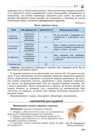 103
§21
ïіäâèùóєòüñÿ, à ñòіíêè ðîçòÿãóþòüñÿ. Òàêå ðîçòÿãíåííÿ çàâäÿêè ùіëüíîñ-
òі òà ïðóæíîñòі ñòіíîê êðîâîíîñíèõ ñóäèí õâèëåïîäіáíî ïîøèðþєòüñÿ çі
øâèäêіñòþ, ÿêà çíà÷íî ïåðåâèùóє øâèäêіñòü ðóõó êðîâі, âіä àîðòè äî
àðòåðіé. Êîëèâàííÿ ñòіíîê àðòåðіé, ÿêі âèíèêàþòü ó âіäïîâіäü íà êîæíå
ñêîðî÷åííÿ ñåðöÿ, íàçèâàþòü àðòåðіàëüíèì ïóëüñîì.
Òàáëèöÿ 9
Ôàçè ñåðöåâîãî öèêëó
Фаза Що відбувається Тривалість (с) Напрямок руху крові
І. Систола
передсердь
Скорочення
передсердь.
Шлуночки
розслаблені
0,1
За цей час кров з передсердь ви-
штовхується у розслаблені шлу-
ночки
ІІ. Систола
шлуночків
Скорочення
шлуночків.
Передсердя
розслаблені
0,3
Кров з правого шлуночка виштов-
хується до стовбура легеневих ар-
терій, а з лівого – до аорти
ІІІ. Діастола
Загальне
розслаблення
передсердь
і шлуночків
0,4
Весь серцевий м’яз перебуває
у стані спокою або загального роз-
слаблення
Серцевий цикл 0,8
Завдання. Користуючись таблицею 9, поясніть фази серцевого циклу. Яке це
має значення для роботи серця?
Ó çäîðîâîї ëþäèíè ïóëüñ ðèòìі÷íèé, ìàє ÷àñòîòó 65–75 óäàðіâ çà õâè-
ëèíó. Ó ðàçі çáіëüøåííÿ ÷àñòîòè ñåðöåâèõ ñêîðî÷åíü òðèâàëіñòü ñåðöåâîãî
öèêëó ñêîðî÷óєòüñÿ ïåðåâàæíî çà ðàõóíîê ïåðіîäó âіäïî÷èíêó. Çà ïóëü-
ñîì ìîæíà âèçíà÷èòè ÷àñòîòó, ðèòìі÷íіñòü і ñèëó ñåðöåâèõ ñêîðî÷åíü,
ùî âêàçóє íà ôóíêöіîíàëüíèé ñòàí ÿê ñåðöåâî-ñóäèííîї ñèñòåìè, òàê
і âñüîãî îðãàíіçìó. Ïóëüñ âіä÷óâàєòüñÿ ó ìіñöÿõ, äå âåëèêі àðòåðії ïіä-
õîäÿòü áëèçüêî äî ïîâåðõíі òіëà, íàïðèêëàä íà âíóòðіøíüîìó áîöі
çàï’ÿñòêà, íà ñêðîíÿõ, ïî áîêàõ øèї. Êîæíå êîëèâàííÿ âіäïîâіäàє ñêî-
ðî÷åííþ ñåðöÿ.
Ïåðåñâіä÷èìîñÿ ó öüîìó, âèêîíàâøè ëàáîðàòîðíå äîñëіäæåííÿ.
ËÀÁÎÐÀÒÎÐÍÅ ÄÎÑËІÄÆÅÍÍß
Âèìіðþâàííÿ ÷àñòîòè ñåðöåâèõ ñêîðî÷åíü
Îáëàäíàííÿ: ãîäèííèê іç ñåêóíäíîþ ñòðіëêîþ.
1. Çíàéäіòü ó ñåáå íà çàï’ÿñòêó ïóëüñ, ÿê öå ïîêàçàíî íà
ìàëþíêó 87. Ïîòðåíóéòåñü øâèäêî éîãî çíàõîäèòè.
2. Óâіìêíіòü ñåêóíäîìіð і ïîëі÷іòü êіëüêіñòü óäàðіâ çà 30 ñ.
3. Îòðèìàíі äàíі ïîìíîæòå íà 2. Òàê âè ïіäðàõóєòå ÷èñëî
ñåðöåâèõ ñêîðî÷åíü çà õâèëèíó.
4. Ïіäðàõóéòå, ñêіëüêè ñêîðî÷åíü ðîáèòü ñåðöå çà äîáó.
Çà òèæäåíü, ðіê?
Мал. 87. Знаходження
пульсу на зап’ястку
 