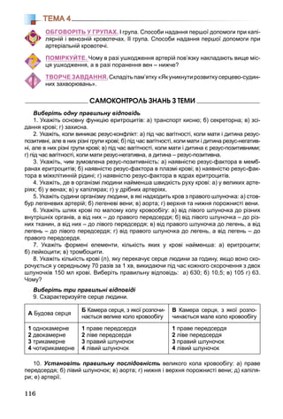 116
ТЕМА 4
ОБГОВОРІТЬ У ГРУПАХ. І група. Способи надання першої допомоги при капі-
лярній і венозній кровотечах. ІІ група. Способи надання першої допомоги при
артеріальній кровотечі.
ПОМІРКУЙТЕ. Чому в разі ушкодження артерій пов’язку накладають вище міс-
ця ушкодження, а в разі поранення вен – нижче?
ТВОРЧЕ ЗАВДАННЯ. Складіть пам’ятку «Як уникнути розвитку серцево-судин-
них захворювань».
ÑÀÌÎÊÎÍÒÐÎËÜ ÇÍÀÍÜ Ç ÒÅÌÈ
Виберіть одну правильну відповідь
1. Укажіть основну функцію еритроцитів: а) транспорт кисню; б) секреторна; в) зсі-
дання крові; г) захисна.
2. Укажіть, коли виникає резус-конфлікт: а) під час вагітності, коли мати і дитина резус-
позитивні, але в них різні групи крові; б) під час вагітності, коли мати і дитина резус-негатив-
ні, але в них різні групи крові; в) під час вагітності, коли мати і дитина є резус-позитивними;
г) під час вагітності, коли мати резус-негативна, а дитина – резус-позитивна.
3. Укажіть, чим зумовлена резус-позитивність: а) наявністю резус-фактора в мемб-
ранах еритроцитів; б) наявністю резус-фактора в плазмі крові; в) наявністю резус-фак-
тора в міжклітинній рідині; г) наявністю резус-фактора в ядрах еритроцитів.
4. Укажіть, де в організмі людини найменша швидкість руху крові: а) у великих арте-
ріях; б) у венах; в) у капілярах; г) у дрібних артеріях.
5. Укажіть судини організму людини, в які надходить кров з правого шлуночка: а) стов-
бур легеневих артерій; б) легеневі вени; в) аорта; г) верхня та нижня порожнисті вени.
6. Укажіть шлях крові по малому колу кровообігу: а) від лівого шлуночка до різних
внутрішніх органів, а від них – до правого передсердя; б) від лівого шлуночка – до різ-
них тканин, а від них – до лівого передсердя; в) від правого шлуночка до легень, а від
легень – до лівого передсердя; г) від правого шлуночка до легень, а від легень – до
правого передсердя.
7. Укажіть формені елементи, кількість яких у крові найменша: а) еритроцити;
б) лейкоцити; в) тромбоцити.
8. Укажіть кількість крові (л), яку перекачує серце людини за годину, якщо воно ско-
рочується у середньому 70 разів за 1 хв, викидаючи під час кожного скорочення з двох
шлуночків 150 мл крові. Виберіть правильну відповідь: а) 630; б) 10,5; в) 105 г) 63.
Чому?
Виберіть три правильні відповіді
9. Схарактеризуйте серце людини.
А Будова серця
Б Камера серця, з якої розпочи-
нається велике коло кровообігу
В Камера серця, з якої розпо-
чинається мале коло кровообігу
1 однокамерне
2 двокамерне
3 трикамерне
4 чотирикамерне
1 праве передсердя
2 ліве передсердя
3 правий шлуночок
4 лівий шлуночок
1 праве передсердя
2 ліве передсердя
3 правий шлуночок
4 лівий шлуночок
10. Установіть правильну послідовність великого кола кровообігу: а) праве
передсердя; б) лівий шлуночок; в) аорта; г) нижня і верхня порожнисті вени; д) капіля-
ри; е) артерії.
 