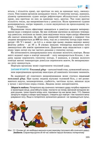 135
§27
þòüñÿ, і êіëüêіñòü êðîâі, ùî ïðîòіêàє ïî íèõ çà îäèíèöþ ÷àñó, çìåíøó-
єòüñÿ. Òèì ñàìèì îðãàíіçì çàîùàäæóє òåïëî. Ó ñïåêîòíó ïîãîäó, íàâïàêè,
äіàìåòð êðîâîíîñíèõ ñóäèí øêіðè ðåôëåêòîðíî çáіëüøóєòüñÿ: êіëüêіñòü
êðîâі, ÿêà ïðîòіêàє ïî íèõ çà îäèíèöþ ÷àñó, çðîñòàє. Òàê ñàìî çðîñòàє
êіëüêіñòü òåïëà, ùî âèïðîìіíþєòüñÿ ó äîâêіëëÿ. Êîëè êðîâîíîñíі ñóäèíè
ðîçøèðþþòüñÿ, øêіðà ÷åðâîíіє, à êîëè çâóæóþòüñÿ íà ïðîõîëîäíîìó ïî-
âіòðі, – áëіäíіøàє.
Íàäëèøêîâå òåïëî åôåêòèâíî âèâîäèòüñÿ â äîâêіëëÿ çàâäÿêè âèïàðîâó-
âàííþ âîäè ç ïîâåðõíі øêіðè. Öå ìàє îñîáëèâå çíà÷åííÿ çà âèñîêèõ òåìïåðà-
òóð äîâêіëëÿ, îñêіëüêè çà òàêèõ óìîâ âèäіëåííÿ òåïëà ÷åðåç øêіðó îáìåæåíå
àáî âçàãàëі íåìîæëèâå. Çà äîáó ïðè êіìíàòíіé òåìïåðàòóðі ç ïîâåðõíі òіëà
ëþäèíè âèïàðîâóєòüñÿ äî 800 ìë ïîòó, òîäі ÿê ó ñïåêîòíó ïîãîäó (ïðè òåìïå-
ðàòóðі +35 °Ñ і âèùå) – äî 4,5 ë, à ÿêùî ïðè öüîìó ëþäèíà âèêîíóє âàæêó
ôіçè÷íó ðîáîòó – äî 10 ë. Â óìîâàõ íèçüêèõ òåìïåðàòóð âèäіëåííÿ ïîòó
çìåíøóєòüñÿ àáî çîâñіì ïðèïèíÿєòüñÿ. Äîäàòêîâî âîäà âèäàëÿєòüñÿ ç îðãà-
íіçìó ÷åðåç ëåãåíі ïіä ÷àñ ÷àñòîãî äèõàííÿ ó ñïåêîòíó ïîãîäó.
Íà іíòåíñèâíіñòü âèïàðîâóâàííÿ ïîòó âïëèâàє âîëîãіñòü ïîâіòðÿ. ßêùî
âìіñò âîäÿíîї ïàðè â ïîâіòðі íèçüêèé – ïîòó âèïàðîâóєòüñÿ áіëüøå, і ëþ-
äèíà êðàùå ïåðåíîñèòü ñïåêîòíó ïîãîäó. І íàâïàêè, â óìîâàõ âîëîãîãî
ïîâіòðÿ âèñîêі òåìïåðàòóðè äîâêіëëÿ ïåðåíîñèòè âàæ÷å, áî âèïàðîâóâàí-
íÿ ïîòó çíèæóєòüñÿ.
Ïåðåãðіâ îðãàíіçìó ìîæå ñïðè÷èíèòè òåïëîâèé óäàð.
ЗАПАМ’ЯТАЙТЕ! Òåïëîâèé óäàð – ïàòîëîãі÷íèé ñòàí, çóìîâëåíèé çàãàëü-
íèì ïåðåãðіâàííÿì îðãàíіçìó âíàñëіäîê äії çîâíіøíіõ òåïëîâèõ ÷èííèêіâ.
Çà íàäìіðíîї äії ñîíÿ÷íîãî âèïðîìіíþâàííÿ ìîæå ñòàòèñÿ ñîíÿ÷íèé
òåïëîâèé óäàð. Ïðè öüîìó ëþäèíà âіä÷óâàє ãîëîâíèé áіëü, ó íåї ðîçâè-
âàþòüñÿ çàäóõà, çàïàìîðî÷åííÿ, ñëàáêіñòü, ÷àñòіøàє ïóëüñ, âèíèêàє øóì
ó âóõàõ і ìèãîòіííÿ ïåðåä î÷èìà. Ëþäèíà ìîæå çíåïðèòîìíіòè.
Здоров’я людини. Потерпілого від сонячного теплового удару потрібно перенести
в прохолодне місце, розстебнути комір, покласти на голову змочений холодною во-
дою рушник, трохи підняти вгору ноги, підклавши під них валик (мал. 111). Бажано
загорнути людину в мокре простирадло, створити рух повітря і тим посилити випа-
ровування поту. Якщо в потерпілого зупинилося дихання і не промацується пульс,
Мал. 111. Основні дії, які необхідно виконати в разі перегріву (теплового або сонячного удару).
Завдання. Схарактеризуйте дії під час надання першої допомоги потерпілому
 