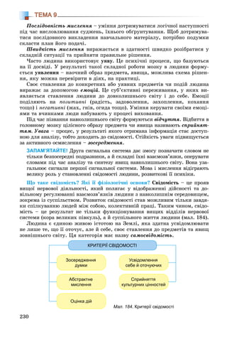 230
ТЕМА 9
Ïîñëіäîâíіñòü ìèñëåííÿ – óìіííÿ äîòðèìóâàòèñÿ ëîãі÷íîї íàñòóïíîñòі
ïіä ÷àñ âèñëîâëþâàííÿ ñóäæåíü, їõíüîãî îáґðóíòóâàííÿ. Ùîá äîòðèìóâà-
òèñÿ ïîñëіäîâíîãî âèêëàäåííÿ íàâ÷àëüíîãî ìàòåðіàëó, ïîòðіáíî ïîäóìêè
ñêëàñòè ïëàí éîãî ïîäà÷і.
Øâèäêіñòü ìèñëåííÿ âèðàæàєòüñÿ â çäàòíîñòі øâèäêî ðîçіáðàòèñÿ ó
ñêëàäíіé ñèòóàöії òà ïðèéíÿòè ïðàâèëüíå ðіøåííÿ.
×àñòî ëþäèíà âèêîðèñòîâóє óÿâó. Öå ïñèõі÷íі ïðîöåñè, ùî áàçóþòüñÿ
íà її äîñâіäі. Ó ðåçóëüòàòі òàêîї ñêëàäíîї ðîáîòè ìîçêó â ëþäèíè ôîðìó-
єòüñÿ óÿâëåííÿ – íàî÷íèé îáðàç ïðåäìåòà, ÿâèùà, ìîæëèâà ñõåìà ðіøåí-
íÿ, ÿêó ìîæíà ïåðåâіðèòè â äіÿõ, íà ïðàêòèöі.
Ñâîє ñòàâëåííÿ äî êîíêðåòíèõ àáî óÿâíèõ ïðåäìåòіâ ÷è ïîäіé ëþäèíà
âèðàæàє çà äîïîìîãîþ åìîöіé. Öå ñóá’єêòèâíі ïåðåæèâàííÿ, ó ÿêèõ âè-
ÿâëÿєòüñÿ ñòàâëåííÿ ëþäèíè äî äîâêîëèøíüîãî ñâіòó і äî ñåáå. Åìîöії
ïîäіëÿþòü íà ïîçèòèâíі (ðàäіñòü, çàäîâîëåííÿ, çàõîïëåííÿ, êîõàííÿ
òîùî) і íåãàòèâíі (æàõ, ãíіâ, îãèäà òîùî). Óìіííÿ êåðóâàòè ñâîїìè åìîöі-
ÿìè òà â÷èíêàìè ëþäè íàáóâàþòü ó ïðîöåñі âèõîâàííÿ.
Ïіä ÷àñ ïіçíàííÿ íàâêîëèøíüîãî ñâіòó ôîðìóþòüñÿ âіä÷óòòÿ. Âіäáèòòÿ â
ãîëîâíîìó ìîçêó öіëіñíîãî îáðàçó ïðåäìåòà ÷è ÿâèùà íàçèâàþòü ñïðèéíÿò-
òÿì. Óâàãà – ïðîöåñ, ó ðåçóëüòàòі ÿêîãî îòðèìàíà іíôîðìàöіÿ ñòàє äîñòóï-
íîþ äëÿ àíàëіçó, òîáòî äîõîäèòü äî ñâіäîìîñòі. Ñòіéêіñòü óâàãè ïіäâèùóєòüñÿ
çà àêòèâíîãî îñìèñëåííÿ – çîñåðåäæåííÿ.
ЗАПАМ’ЯТАЙТЕ! Äðóãà ñèãíàëüíà ñèñòåìà äàє çìîãó ïîçíà÷àòè ñëîâîì íå
òіëüêè áåçïîñåðåäíі ïîäðàçíèêè, à é ñêëàäíі їõíі âçàєìîçâ’ÿçêè, îïåðóâàòè
ñëîâàìè ïіä ÷àñ àíàëіçó òà ñèíòåçó ÿâèù íàâêîëèøíüîãî ñâіòó. Âîíà óçà-
ãàëüíþє ñèãíàëè ïåðøîї ñèãíàëüíîї ñèñòåìè. Ìîâà і ìèñëåííÿ âіäіãðàþòü
âåëèêó ðîëü ó ñòàíîâëåííі ñâіäîìîñòі ëþäèíè, ðîçâèòêîâі її ïñèõіêè.
Ùî òàêå ñâіäîìіñòü? ßêі її ôіçіîëîãі÷íі îñíîâè? Ñâіäîìіñòü – öå ïðîÿâ
âèùîї íåðâîâîї äіÿëüíîñòі, ÿêèé ïîëÿãàє ó âіäîáðàæåííі äіéñíîñòі òà äî-
âіëüíîìó ðåãóëþâàííі âçàєìîçâ’ÿçêіâ ëþäèíè ç íàâêîëèøíіì ñåðåäîâèùåì,
çîêðåìà іç ñóñïіëüñòâîì. Ðîçâèòîê ñâіäîìîñòі ñòàâ ìîæëèâèì òіëüêè çàâäÿ-
êè ñïіëêóâàííþ ëþäåé ìіæ ñîáîþ, êîëåêòèâíіé ïðàöі. Òàêèì ÷èíîì, ñâіäî-
ìіñòü – öå ðåçóëüòàò íå òіëüêè ôóíêöіîíóâàííÿ âèùèõ âіääіëіâ íåðâîâîї
ñèñòåìè (êîðà âåëèêèõ ïіâêóëü), à é ñóñïіëüíîãî æèòòÿ ëþäèíè (ìàë. 184).
Ëþäèíà є єäèíîþ æèâîþ іñòîòîþ íà Çåìëі, ÿêà çäàòíà óñâіäîìëþâàòè
íå ëèøå òå, ùî її îòî÷óє, àëå é ñåáå, ñâîє ñòàâëåííÿ äî ïðåäìåòіâ òà ÿâèù
çîâíіøíüîãî ñâіòó. Öÿ êàòåãîðіÿ ìàє íàçâó ñàìîñâіäîìіñòü.
Мал. 184. Критерії свідомості
КРИТЕРІЇ СВІДОМОСТІ
Зосередження
думки
Усвідомлення
себе й оточуючих
Абстрактне
мислення
Сприйняття
культурних цінностей
Оцінка дій
 
