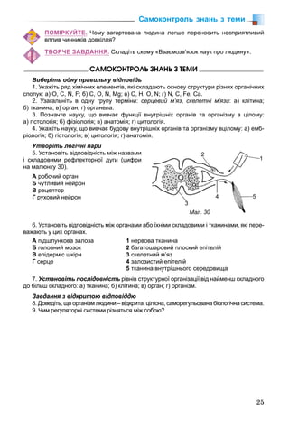 25
ПОМІРКУЙТЕ. Чому загартована людина легше переносить несприятливий
вплив чинників довкілля?
ТВОРЧЕ ЗАВДАННЯ. Складіть схему «Взаємозв’язок наук про людину».
ÑÀÌÎÊÎÍÒÐÎËÜ ÇÍÀÍÜ Ç ÒÅÌÈ
Виберіть одну правильну відповідь
1. Укажіть ряд хімічних елементів, які складають основу структури різних органічних
сполук: а) О, С, N, F; б) C, О, N, Mg; в) C, H, О, N; г) N, C, Fe, Ca.
2. Узагальніть в одну групу терміни: серцевий м’яз, скелетні м’язи: а) клітина;
б) тканина; в) орган; г) органела.
3. Позначте науку, що вивчає функції внутрішніх органів та організму в цілому:
а) гістологія; б) фізіологія; в) анатомія; г) цитологія.
4. Укажіть науку, що вивчає будову внутрішніх органів та організму вцілому: а) емб-
ріологія; б) гістологія; в) цитологія; г) анатомія.
Утворіть логічні пари
5. Установіть відповідність між назвами
і складовими рефлекторної дуги (цифри
на малюнку 30).
А робочий орган
Б чутливий нейрон
В рецептор
Г руховий нейрон
6. Установіть відповідність між органами або їхніми складовими і тканинами, які пере-
важають у цих органах.
А підшлункова залоза
Б головний мозок
В епідерміс шкіри
Г серце
1 нервова тканина
2 багатошаровий плоский епітелій
3 скелетний м’яз
4 залозистий епітелій
5 тканина внутрішнього середовища
7. Установіть послідовність рівнів структурної організації від найменш складного
до більш складного: а) тканина; б) клітина; в) орган; г) організм.
Завдання з відкритою відповіддю
8. Доведіть, що організм людини – відкрита, цілісна, саморегульована біологічна система.
9. Чим регуляторні системи різняться між собою?
4
1
5
2
33
Мал. 30
Самоконтроль знань з теми
 