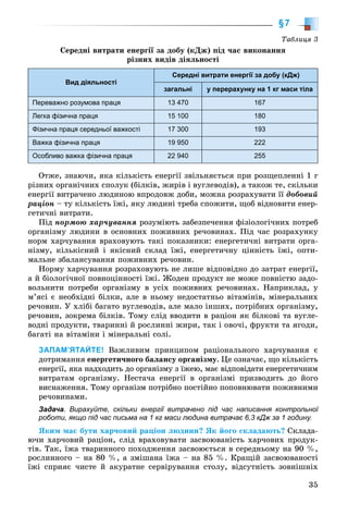 35
§7
Òàáëèöÿ 3
Ñåðåäíі âèòðàòè åíåðãії çà äîáó (êÄæ) ïіä ÷àñ âèêîíàííÿ
ðіçíèõ âèäіâ äіÿëüíîñòі
Вид діяльності
Середні витрати енергії за добу (кДж)
загальні у перерахунку на 1 кг маси тіла
Переважно розумова праця 13 470 167
Легка фізична праця 15 100 180
Фізична праця середньої важкості 17 300 193
Важка фізична праця 19 950 222
Особливо важка фізична праця 22 940 255
Îòæå, çíàþ÷è, ÿêà êіëüêіñòü åíåðãії çâіëüíÿєòüñÿ ïðè ðîçùåïëåííі 1 ã
ðіçíèõ îðãàíі÷íèõ ñïîëóê (áіëêіâ, æèðіâ і âóãëåâîäіâ), à òàêîæ òå, ñêіëüêè
åíåðãії âèòðà÷åíî ëþäèíîþ âïðîäîâæ äîáè, ìîæíà ðîçðàõóâàòè її äîáîâèé
ðàöіîí – òó êіëüêіñòü їæі, ÿêó ëþäèíі òðåáà ñïîæèòè, ùîá âіäíîâèòè åíåð-
ãåòè÷íі âèòðàòè.
Ïіä íîðìîþ õàð÷óâàííÿ ðîçóìіþòü çàáåçïå÷åííÿ ôіçіîëîãі÷íèõ ïîòðåá
îðãàíіçìó ëþäèíè â îñíîâíèõ ïîæèâíèõ ðå÷îâèíàõ. Ïіä ÷àñ ðîçðàõóíêó
íîðì õàð÷óâàííÿ âðàõîâóþòü òàêі ïîêàçíèêè: åíåðãåòè÷íі âèòðàòè îðãà-
íіçìó, êіëüêіñíèé і ÿêіñíèé ñêëàä їæі, åíåðãåòè÷íó öіííіñòü їæі, îïòè-
ìàëüíå çáàëàíñóâàííÿ ïîæèâíèõ ðå÷îâèí.
Íîðìó õàð÷óâàííÿ ðîçðàõîâóþòü íå ëèøå âіäïîâіäíî äî çàòðàò åíåðãії,
à é áіîëîãі÷íîї ïîâíîöіííîñòі їæі. Æîäåí ïðîäóêò íå ìîæå ïîâíіñòþ çàäî-
âîëüíèòè ïîòðåáè îðãàíіçìó â óñіõ ïîæèâíèõ ðå÷îâèíàõ. Íàïðèêëàä, ó
ì’ÿñі є íåîáõіäíі áіëêè, àëå â íüîìó íåäîñòàòíüî âіòàìіíіâ, ìіíåðàëüíèõ
ðå÷îâèí. Ó õëіáі áàãàòî âóãëåâîäіâ, àëå ìàëî іíøèõ, ïîòðіáíèõ îðãàíіçìó,
ðå÷îâèí, çîêðåìà áіëêіâ. Òîìó ñëіä ââîäèòè â ðàöіîí ÿê áіëêîâі òà âóãëå-
âîäíі ïðîäóêòè, òâàðèííі é ðîñëèííі æèðè, òàê і îâî÷і, ôðóêòè òà ÿãîäè,
áàãàòі íà âіòàìіíè і ìіíåðàëüíі ñîëі.
ЗАПАМ’ЯТАЙТЕ! Âàæëèâèì ïðèíöèïîì ðàöіîíàëüíîãî õàð÷óâàííÿ є
äîòðèìàííÿ åíåðãåòè÷íîãî áàëàíñó îðãàíіçìó. Öå îçíà÷àє, ùî êіëüêіñòü
åíåðãії, ÿêà íàäõîäèòü äî îðãàíіçìó ç їæåþ, ìàє âіäïîâіäàòè åíåðãåòè÷íèì
âèòðàòàì îðãàíіçìó. Íåñòà÷à åíåðãії â îðãàíіçìі ïðèçâîäèòü äî éîãî
âèñíàæåííÿ. Òîìó îðãàíіçì ïîòðіáíî ïîñòіéíî ïîïîâíþâàòè ïîæèâíèìè
ðå÷îâèíàìè.
Задача. Вирахуйте, скільки енергії витрачено під час написання контрольної
роботи, якщо під час письма на 1 кг маси людина витрачає 6,3 кДж за 1 годину.
ßêèì ìàє áóòè õàð÷îâèé ðàöіîí ëþäèíè? ßê éîãî ñêëàäàþòü? Ñêëàäà-
þ÷è õàð÷îâèé ðàöіîí, ñëіä âðàõîâóâàòè çàñâîþâàíіñòü õàð÷îâèõ ïðîäóê-
òіâ. Òàê, їæà òâàðèííîãî ïîõîäæåííÿ çàñâîþєòüñÿ â ñåðåäíüîìó íà 90 %,
ðîñëèííîãî – íà 80 %, à çìіøàíà їæà – íà 85 %. Êðàùіé çàñâîþâàíîñòі
їæі ñïðèÿє ÷èñòå é àêóðàòíå ñåðâіðóâàííÿ ñòîëó, âіäñóòíіñòü çîâíіøíіõ
 